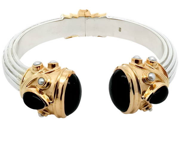 Large Serpentine Open Stone Bracelet - Black Onyx