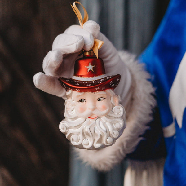 Maroon & White Cowboy Santa Blown Glass Christmas Ornament | Texan Christmas 2026 Edition