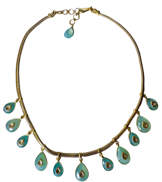 Limited Edition Mogul Polki Aqua Chalcedony Necklaces (24K Gold Plated with Diamonds)