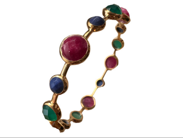 Gold Plated Art Deco Pop Bangle Green Onyx, Lapis Lazuli, Sillimanite Ruby