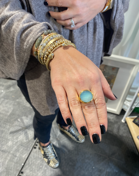 18K Gold Plated Medium Faceted Circle Cocktail Ring Aqua Chalcedony