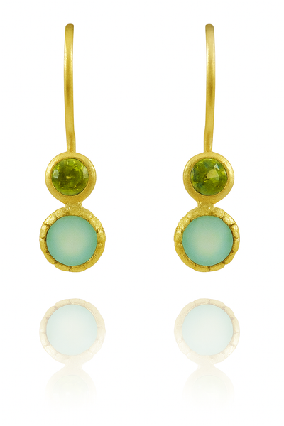 Gold Plated Art Deco Pop Earrings Peridot and Aqua Chalcedony