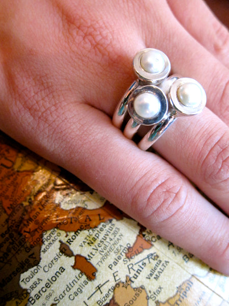 Three Pearl on Three Bands Ring White Pearl