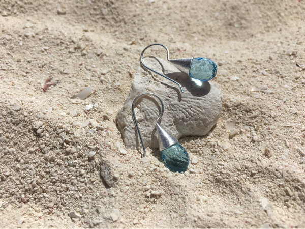 Small Quartz with Brushed Top Earrings Blue Topaz