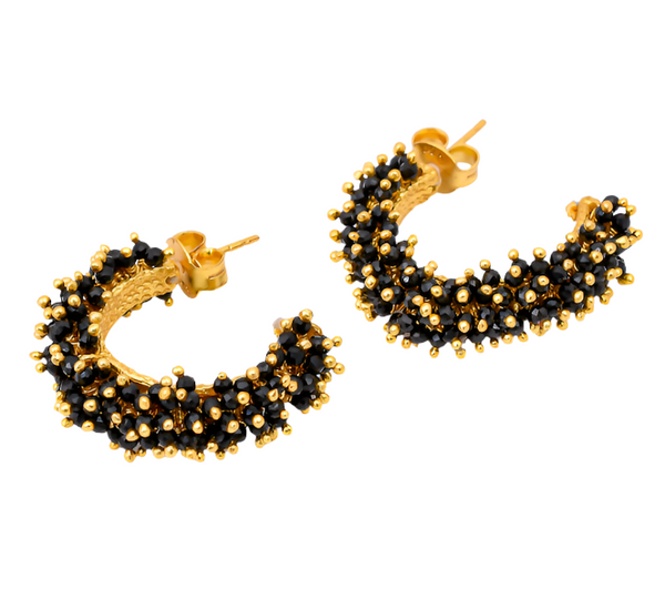 Gold Plated Coral Hoop Earrings Black Onyx