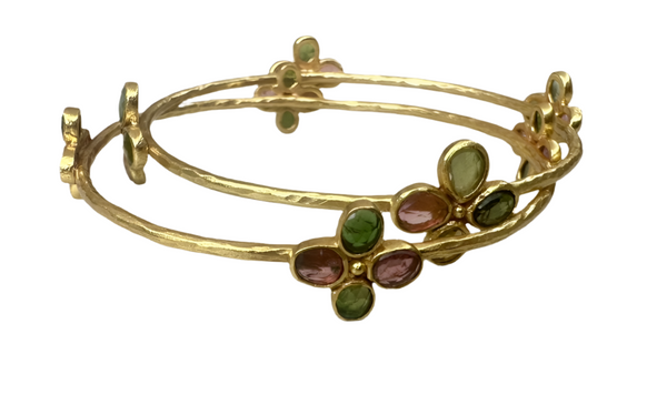 Gold Plated Four Leaf Flower Mix Tourmaline Bangle
