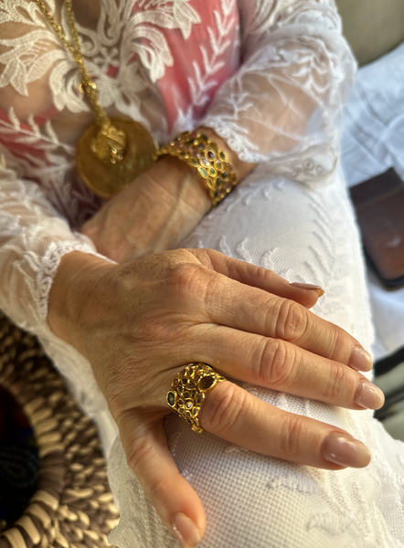 Jaipuri Gold Plated Mixed Tourmaline Mosaic Open Cuff