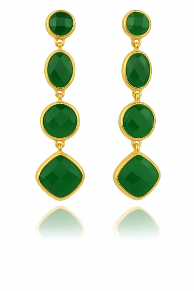 Gold Plated Four Geometric Drop Earring Green Onyx