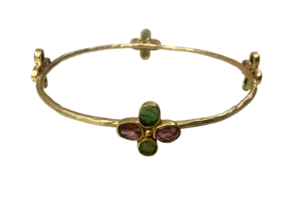 Gold Plated Four Leaf Flower Mix Tourmaline Bangle