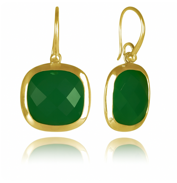18k Vermeil Framed Rounded Square Classic Earrings Green Onyx