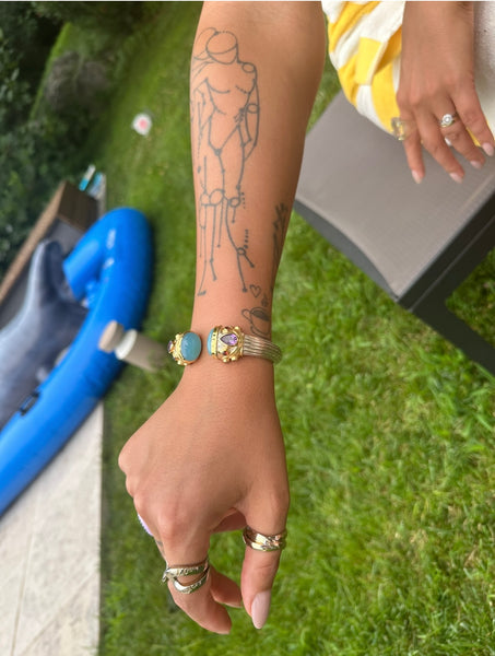 Large Serpentine Open Stone Bracelet - Blue Chalcedony