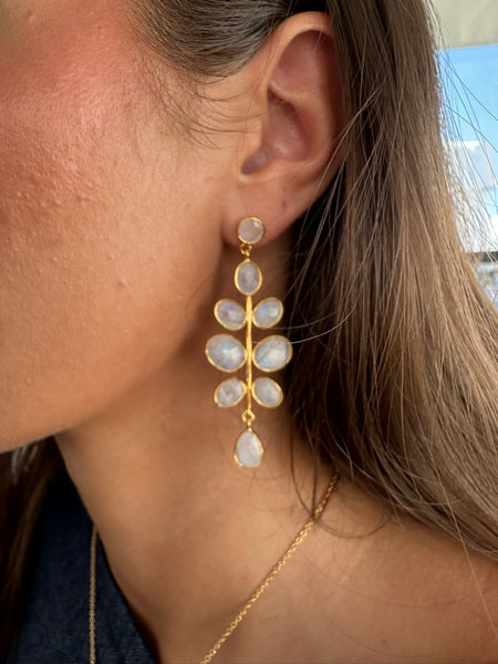 Gold Plated Budding Branch Earrings White Moonstone