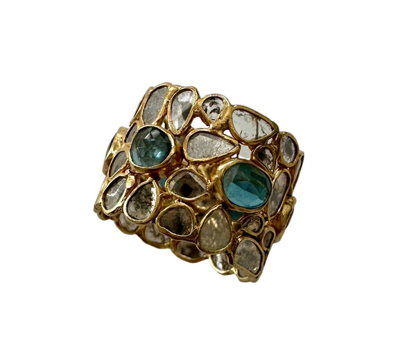 18K Gold Plated Mosaic Rough Cut Sliced Diamonds with Blue Topaz Ring