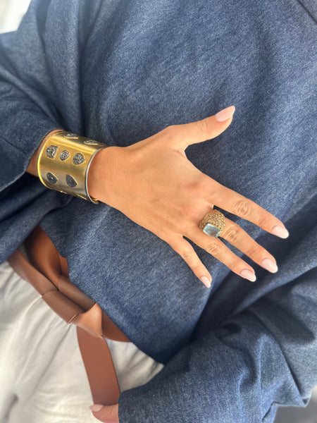 Jaipuri Sliced Diamond Dome with Rectangular Aqumarine