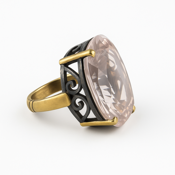 Ring with a large pink gemstone and gold and black metalwork on a white background
