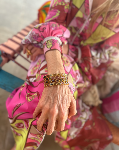 Jaipuri Gold Plated Mixed Tourmaline Mosaic Open Cuff