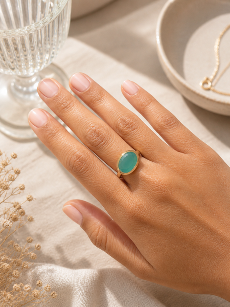 Golden Iberia Oval Gemstone Ring - Aqua Chalcedony