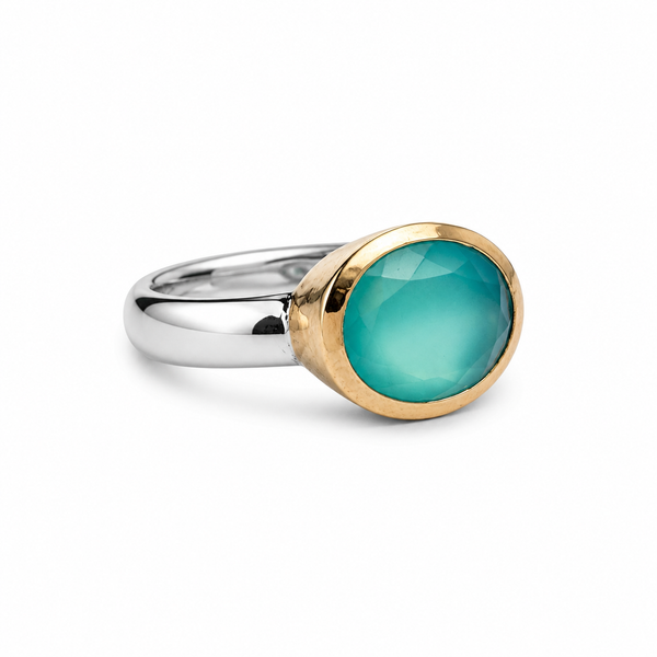 Golden Iberia Oval Gemstone Ring - Aqua Chalcedony