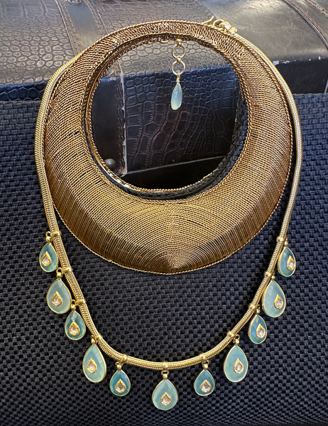 Limited Edition Mogul Polki Aqua Chalcedony Necklaces (24K Gold Plated with Diamonds)