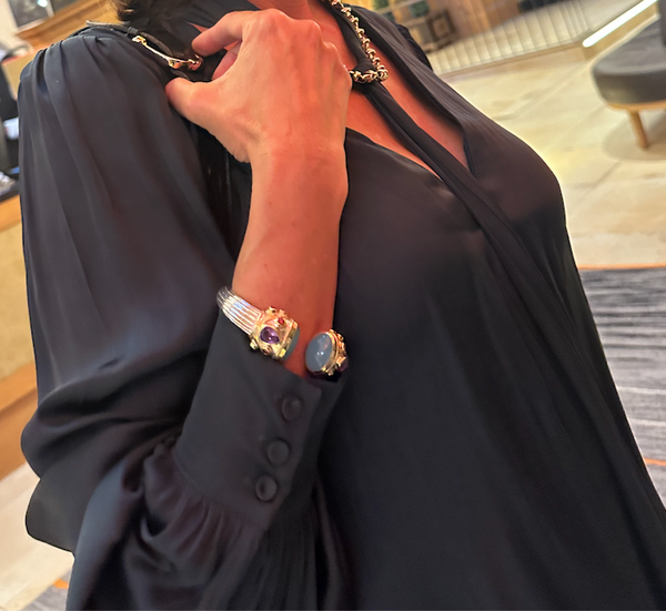 Large Serpentine Open Stone Bracelet - Aqua Chalcedony