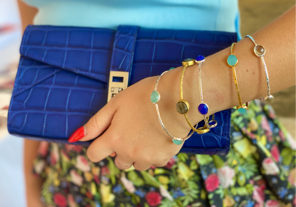 Gold Plated Four Oval Stone Jaipuri Bangle Labradorite