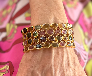 Jaipuri Gold Plated Mixed Tourmaline Mosaic Open Cuff