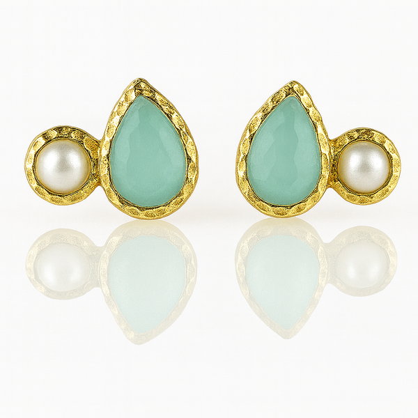 Gold Plated Side Hammered Indian Peacock Studs Aqua Chalcedony and Pearl