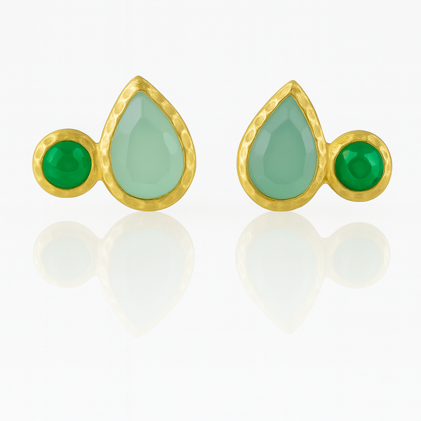 Gold Plated Side Hammered Indian Peacock Studs Green Onyx and Aqua Chalcedony