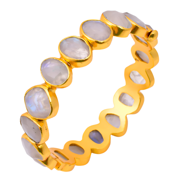 Gold Plated Single Lined Peacock White Moonstone Pin Bangle