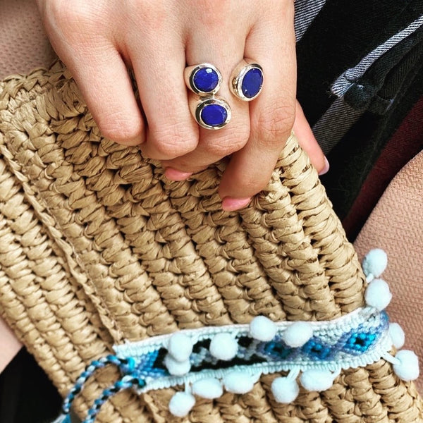 Three Stone Jaipuri Non-Connect Ring Lapis Lazuli 7