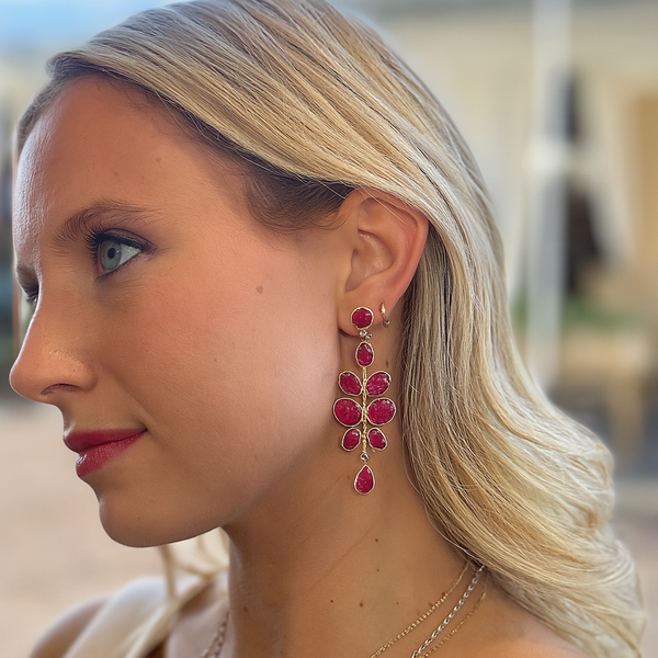Gold Plated Budding Branch Earrings Rough Cut Ruby