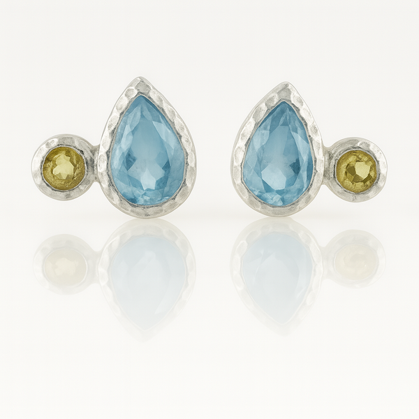 Gold Plated Side Hammered Indian Peacock Studs Blue Topaz and Citrine