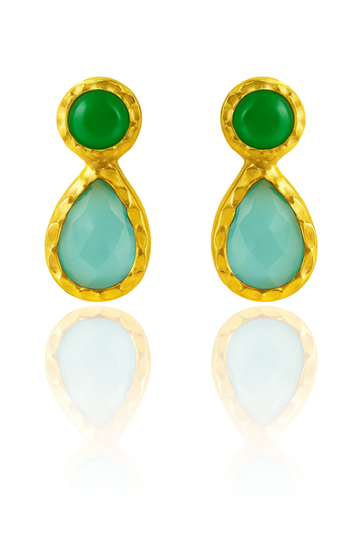 Gold Plated Hammered Vertical Indian Peacock Studs Green Onyx & Aqua Chalcedony