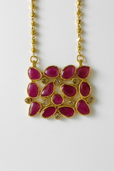 18K Gold Plated Jaipuri Rectangular Ruby Mosaic Necklace