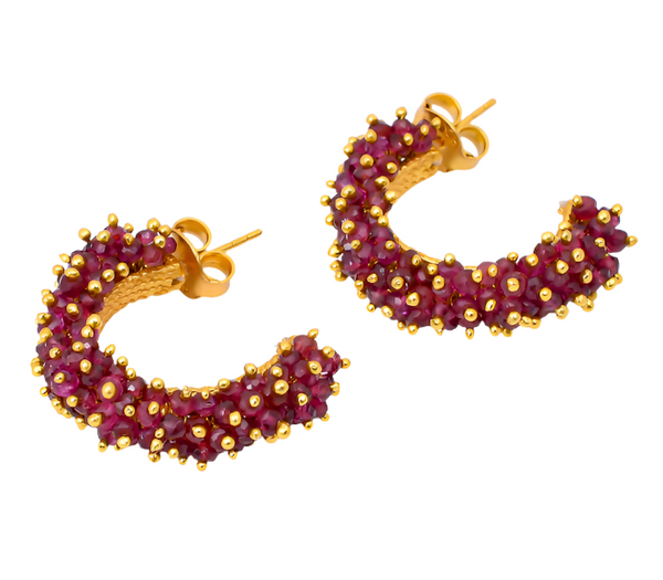 Gold Plated - Coral Hoop Earrings Garnet