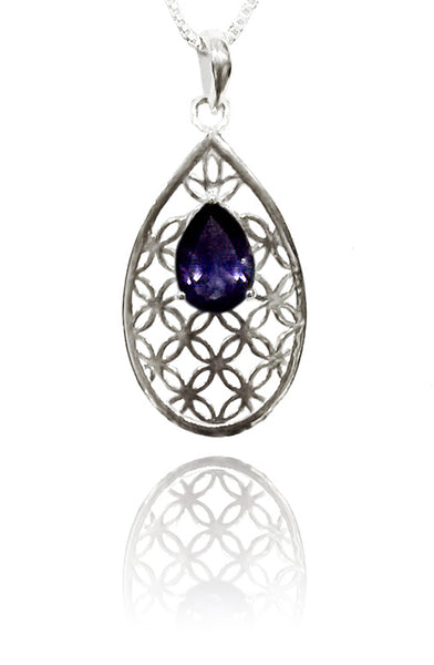 Flower of Life Teardrop Pendant with Iolite