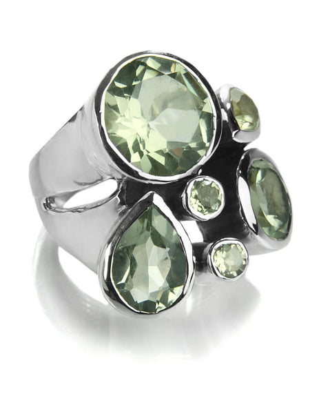 Slim Flower Cocktail Ring Green Amethyst and Lemon Topaz