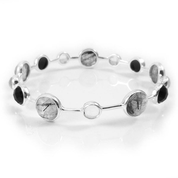 Art Deco Pop Bangle Black Onyx, Black Rutile Quartz, Clear Quartz