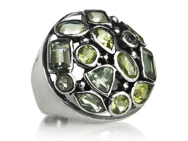 Gaudi Mosaic Cocktail Ring Green Amethyst and Lemon Topaz