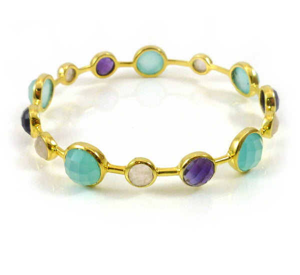 Gold Plated Art Deco Pop Bangle Aqua Chalcedony, Amethyst, Rose Quartz