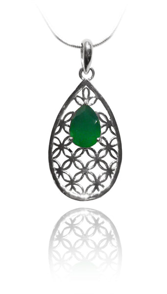 Flower of Life Teardrop Pendant with Green Onyx