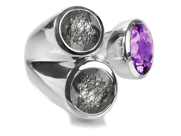Three Stone Jaipuri Non-Connect Ring Amethyst and Black Rutile Quartz