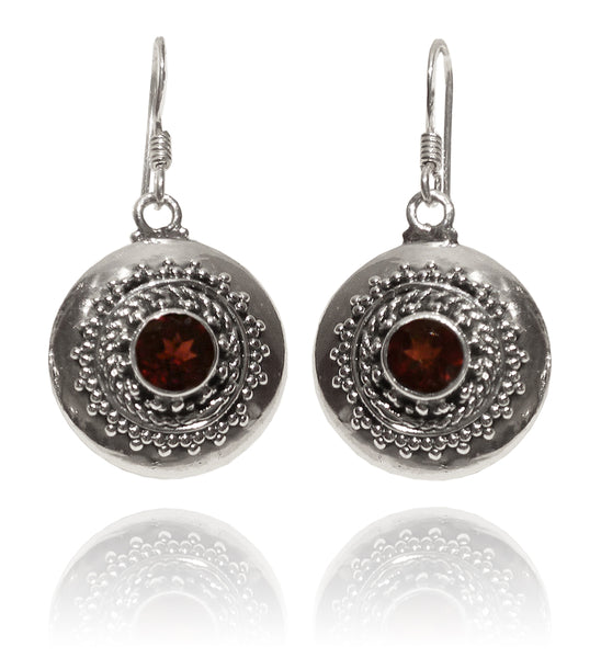 Bali Circle with Stone Earrings - Garnet