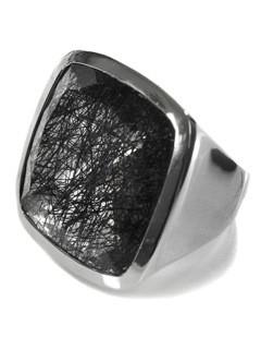Large Capri Flat Square Cocktail Ring Black Rutile Quartz