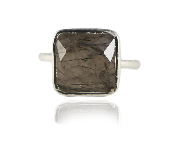 Capri Large Stackable Square Ring Black Rutile Quartz