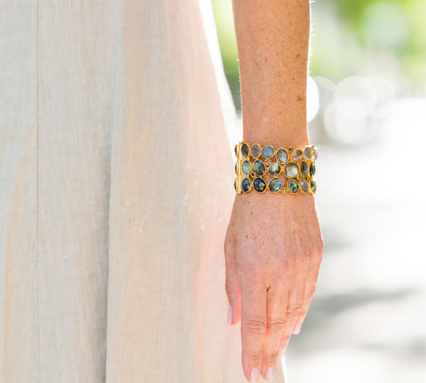 Mosaic Jaipur Cobblestone Cuff Aqua Chalcedony with Rough Cut Diamond (Triple Line)