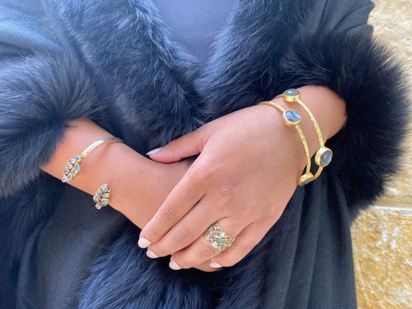 Gold Plated Four Oval Stone Jaipuri Bangle Blue Chalcedony