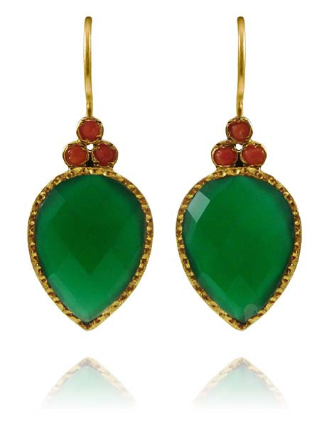 Fancy Peacock Earrings Green Onyx and Coral