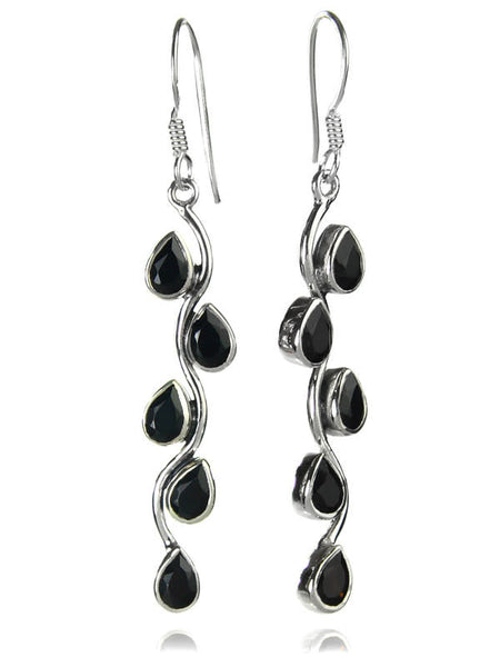 Vertical Stone Leaf Drop Earrings Black Onyx