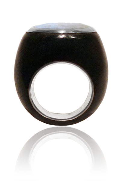 Mexican Art Deco Ebony Cocktail Ring White Moonstone